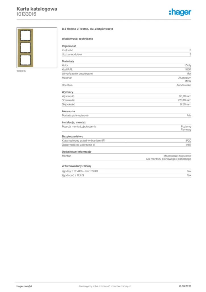 Zdjęcie Hager Karta katalogowa 10133016 | Hager Polska