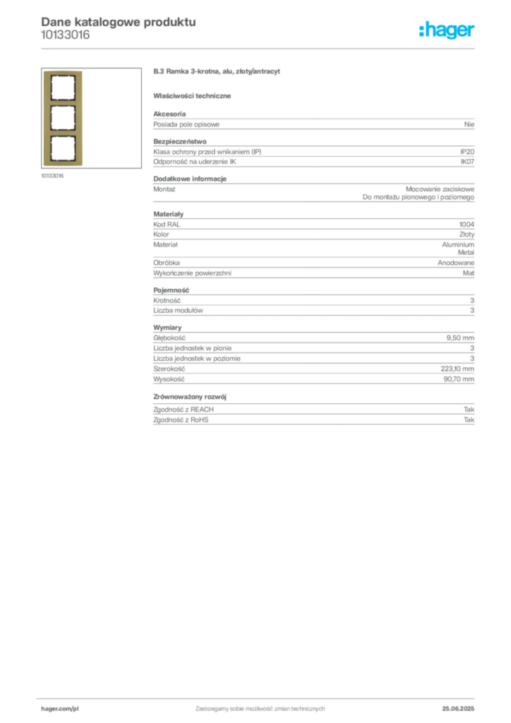 Zdjęcie Hager Karta katalogowa 10133016 | Hager Polska