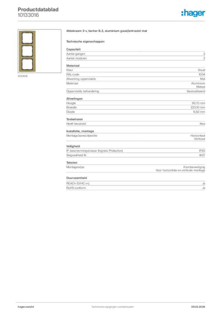 Afbeelding Hager Productdatablad 10133016 | Hager Nederland