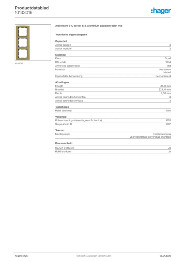 Afbeelding Hager Productdatablad 10133016 | Hager Nederland