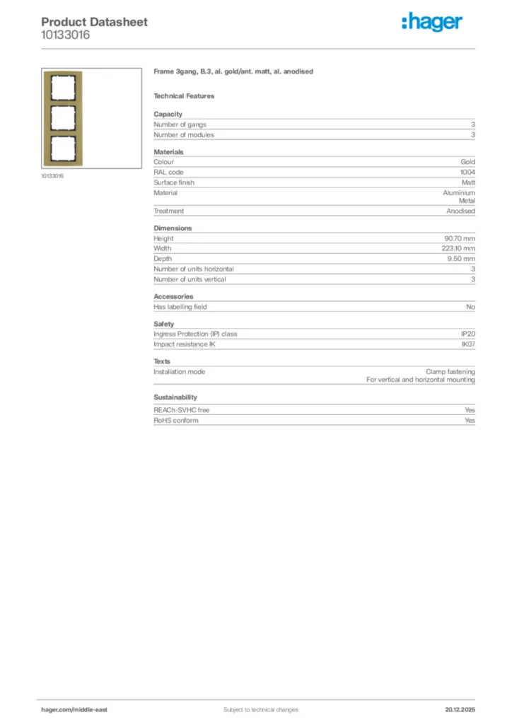 Image Hager Product data sheet 10133016  | Hager