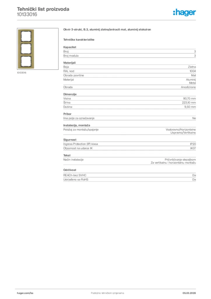 Slika Hager Tehnički list proizvoda 10133016  | Hager