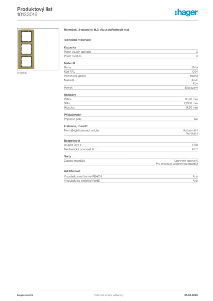 Obrázek Hager Product data sheet 10133016 | Hager