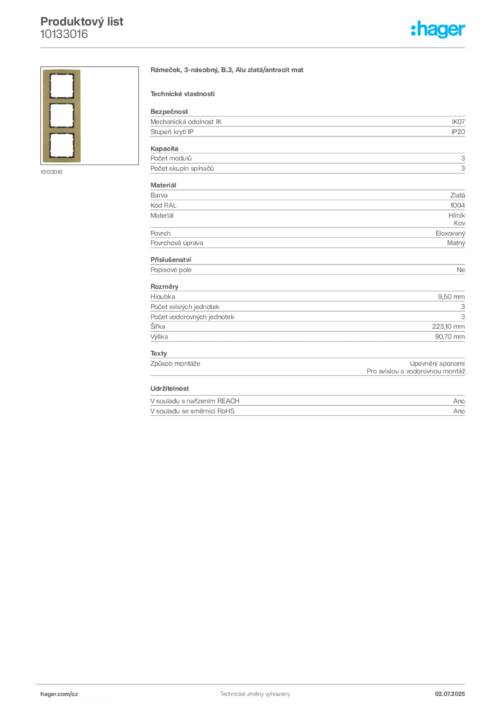 Obrázek Hager Produktový list 10133016 | Hager