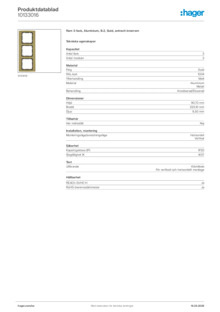 Bild Hager Produktdatablad 10133016 | Hager Sverige