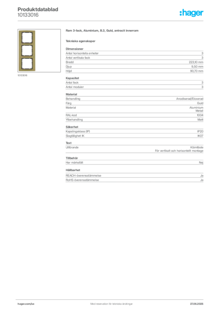 Bild Hager Produktdatablad 10133016 | Hager Sverige