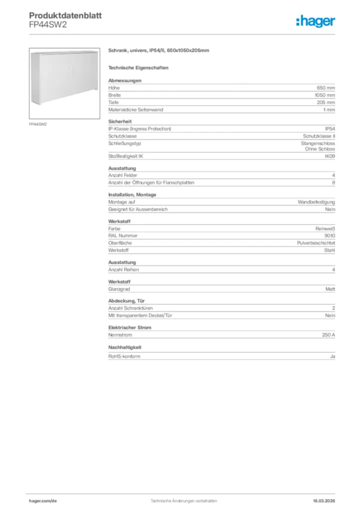 Bild Hager Produktdatenblatt FP44SW2 | Hager Deutschland