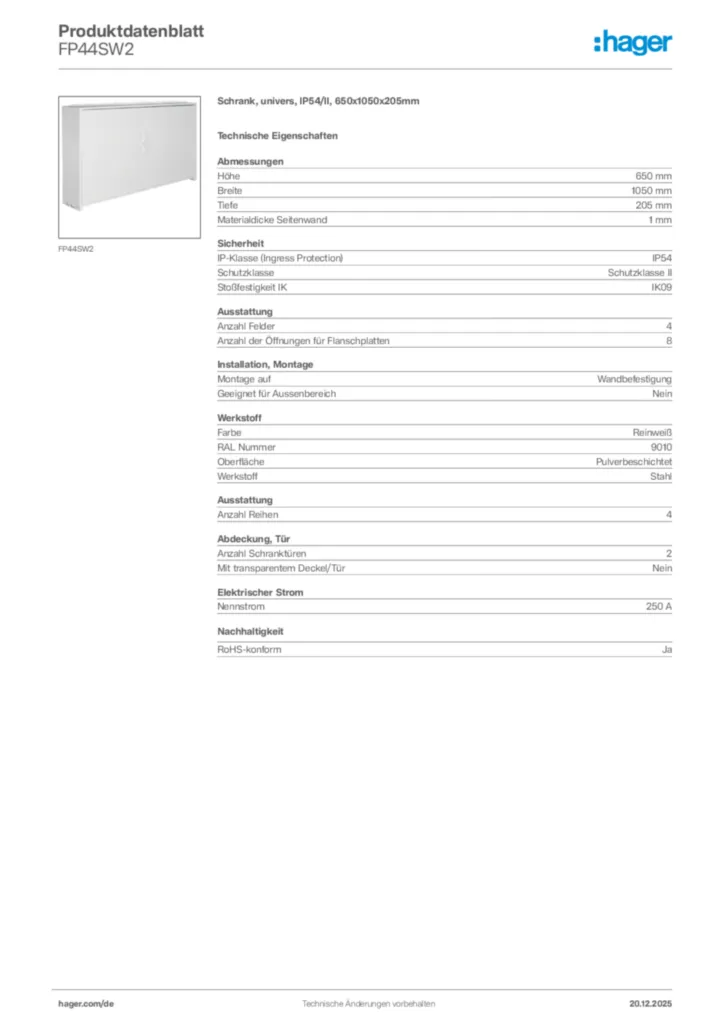 Bild Hager Produktdatenblatt FP44SW2 | Hager Deutschland