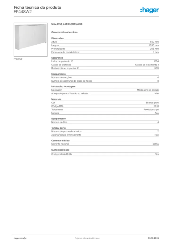 Imagem Hager Ficha técnica do produto FP44SW2 | Hager Portugal