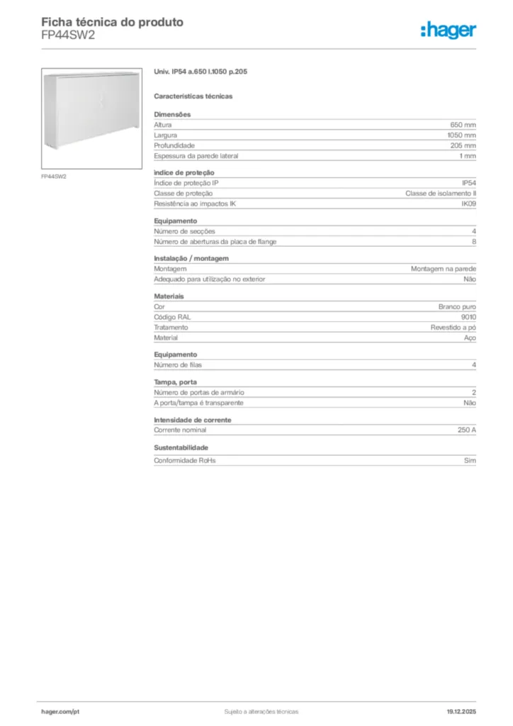Imagem Hager Ficha técnica do produto FP44SW2 | Hager Portugal