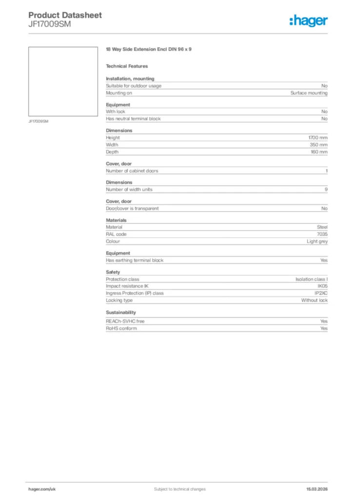 Image Hager Product data sheet JF17009SM  | Hager