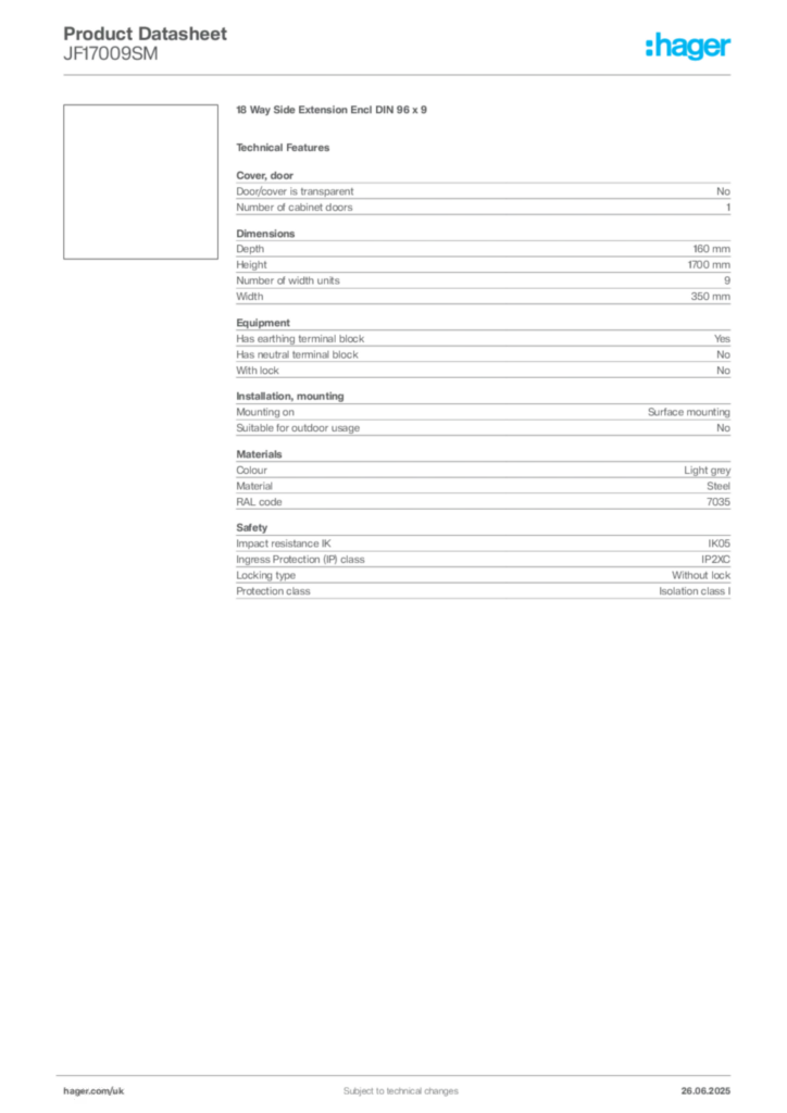 Image Hager Product data sheet JF17009SM  | Hager