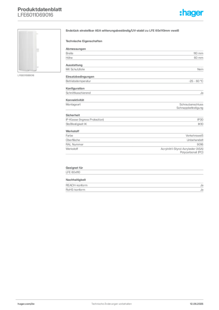 Bild Hager Produktdatenblatt LFE6011069016 | Hager Deutschland