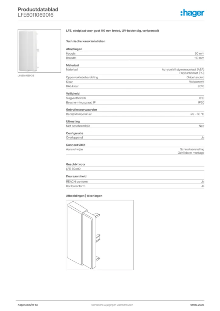 Afbeelding Hager Productdatablad LFE6011069016 | Hager Belgium