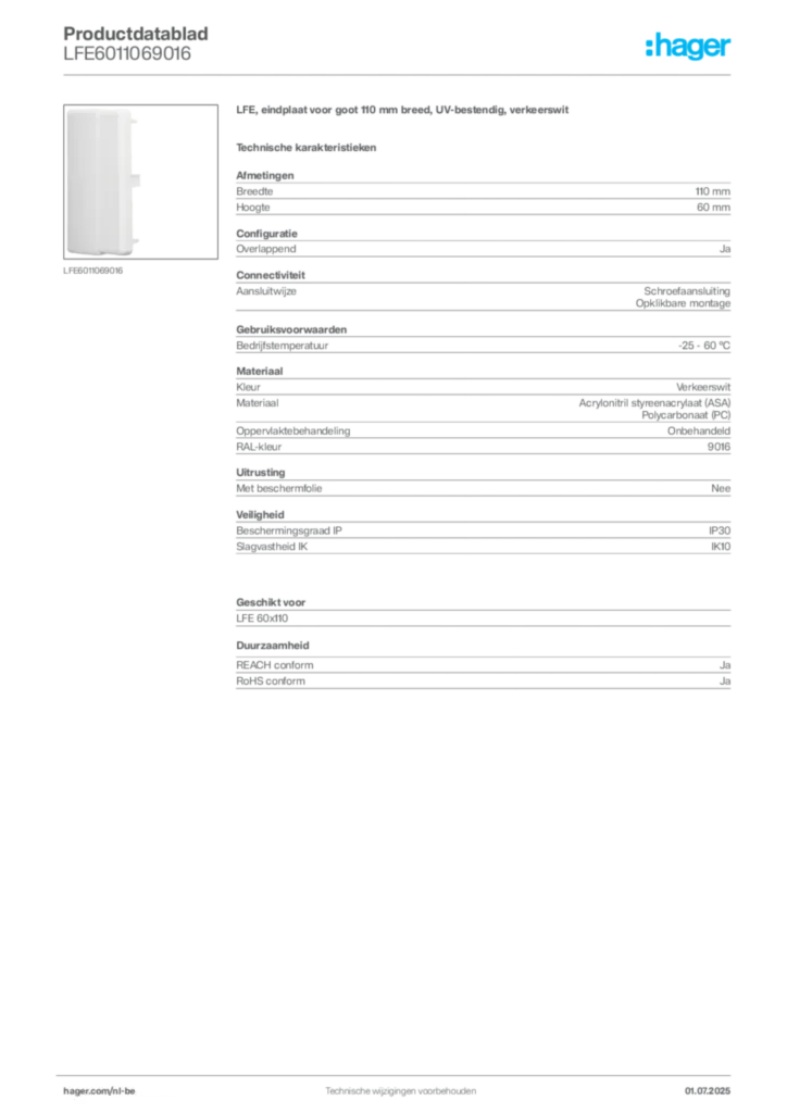 Afbeelding Hager Productdatablad LFE6011069016 | Hager Belgium