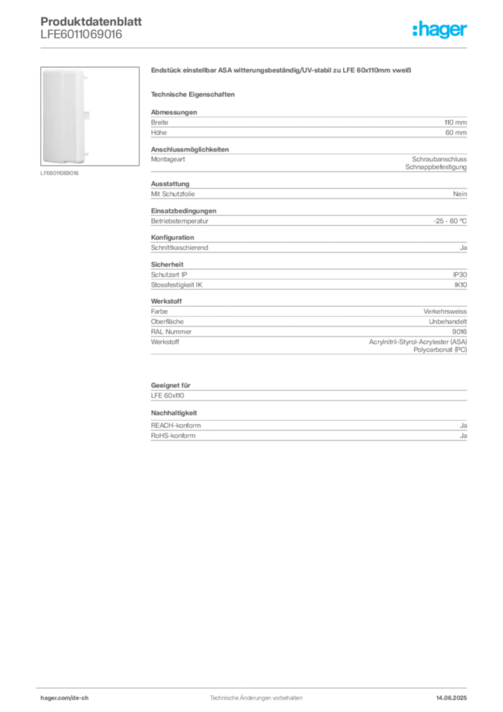 Bild Hager Produktdatenblatt LFE6011069016 | Hager Schweiz