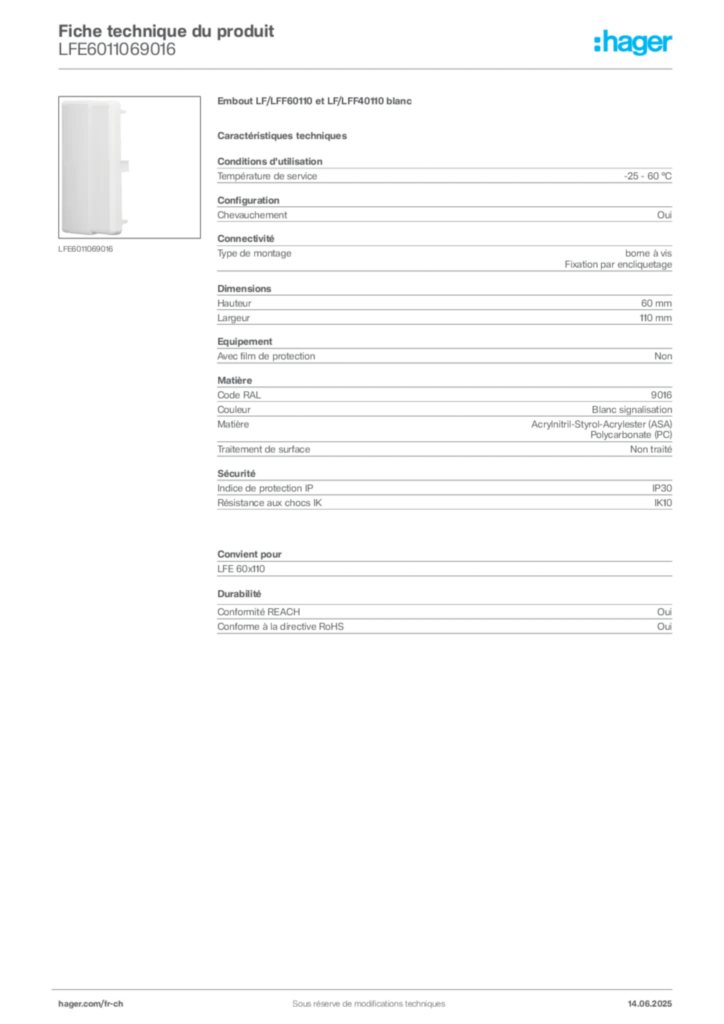 Image Hager Fiche technique du produit LFE6011069016 | Hager Suisse