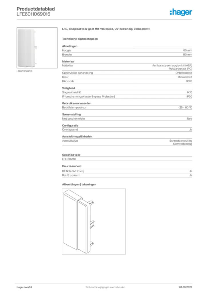 Afbeelding Hager Productdatablad LFE6011069016 | Hager Nederland