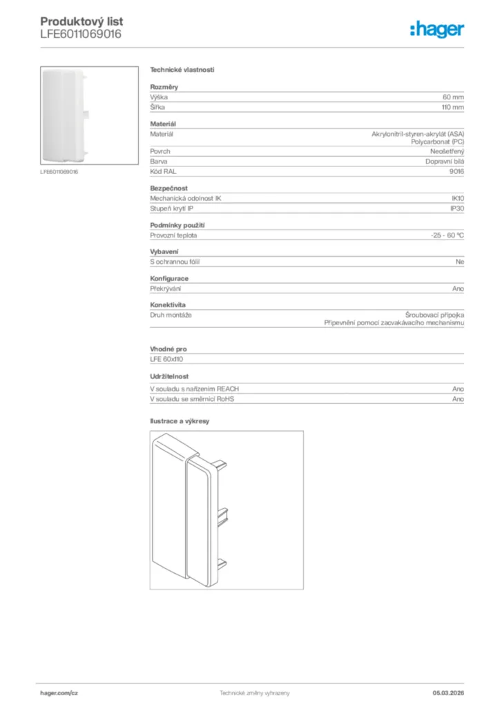 Obrázek Hager Product data sheet LFE6011069016 | Hager
