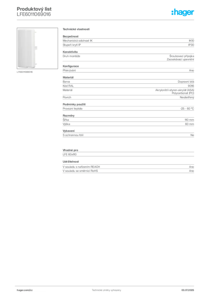 Obrázek Hager Produktový list LFE6011069016 | Hager