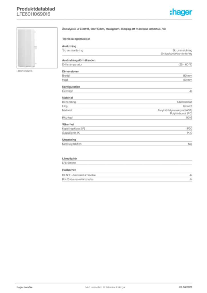 Bild Hager Produktdatablad LFE6011069016 | Hager Sverige