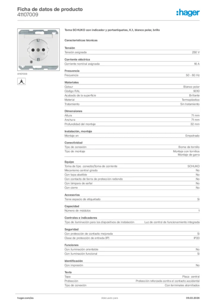 Imagen Hager Ficha de datos de producto 41107009 | Hager España