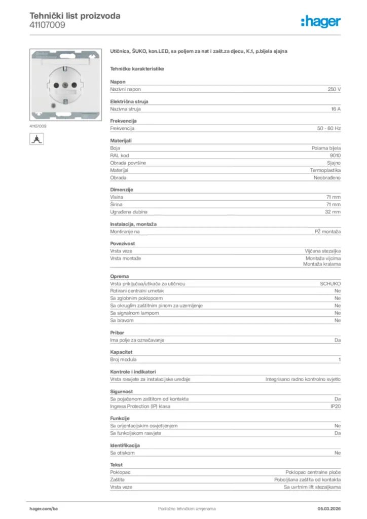 Slika Hager Tehnički list proizvoda 41107009  | Hager