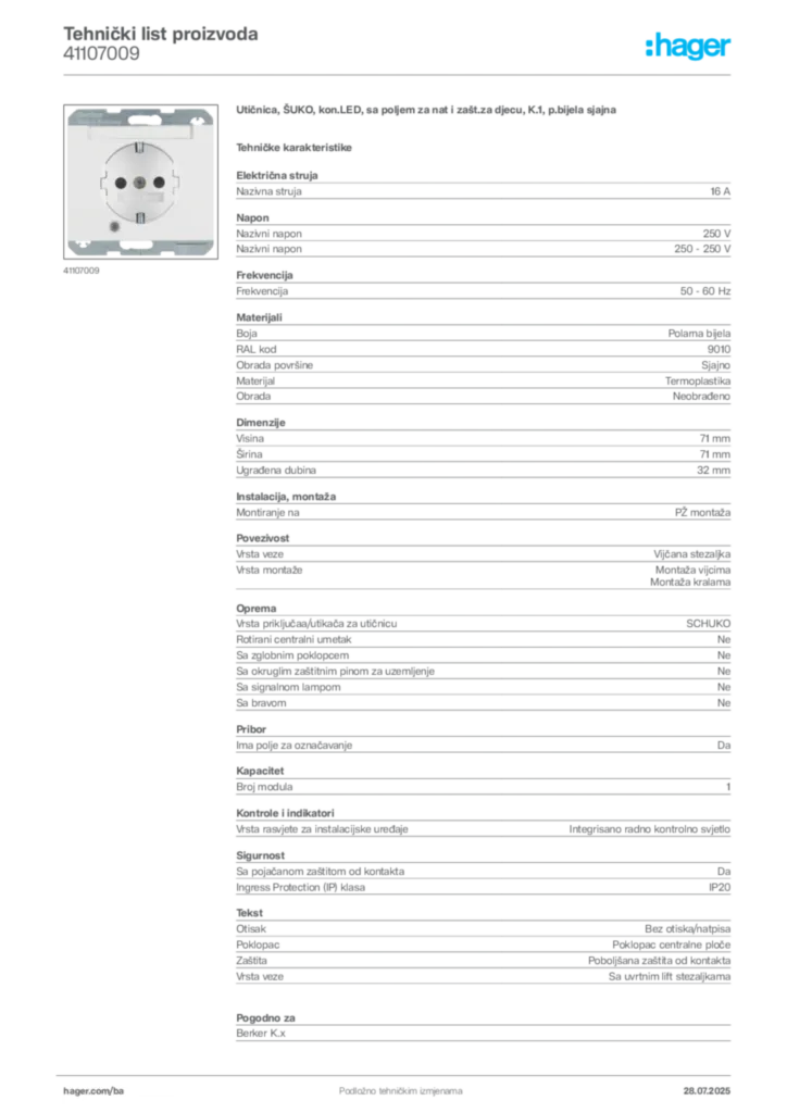 Slika Hager Product data sheet 41107009  | Hager