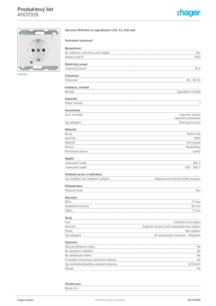 Obrázek Hager Produktový list 41107009 | Hager