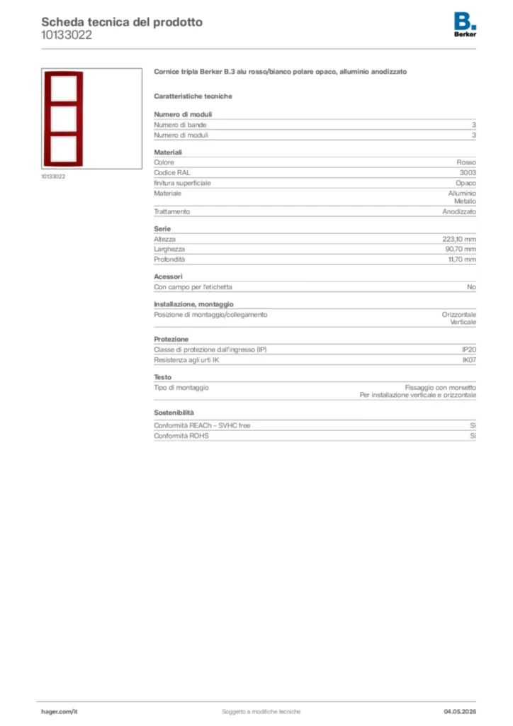 Immagine Berker Scheda tecnica del prodotto 10133022 | Hager Italia