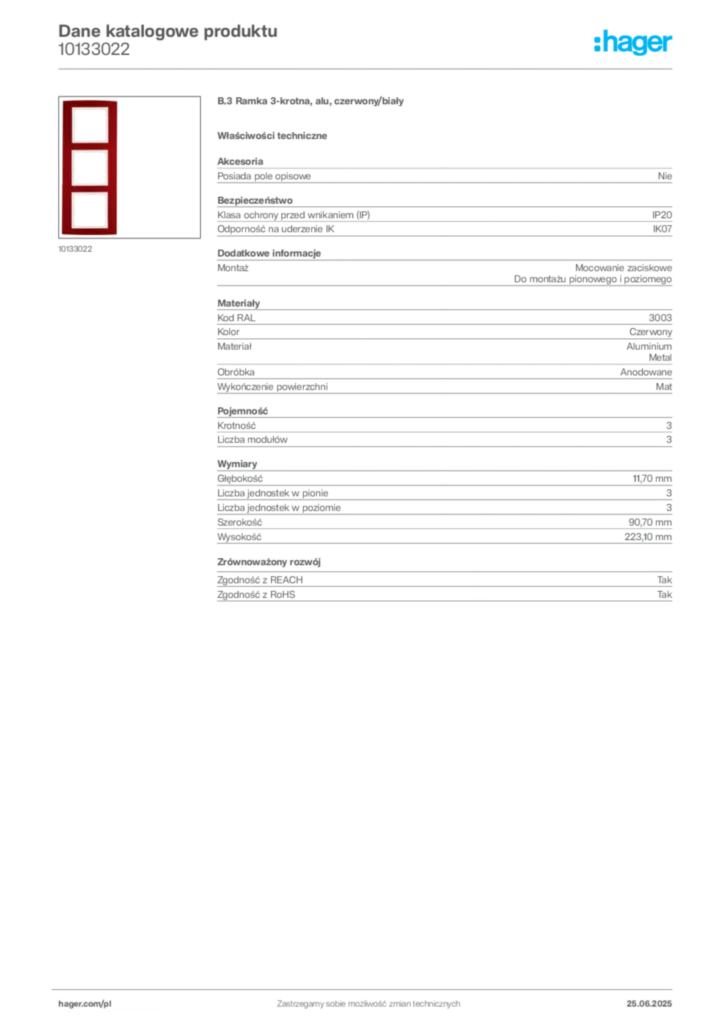 Zdjęcie Hager Karta katalogowa 10133022 | Hager Polska