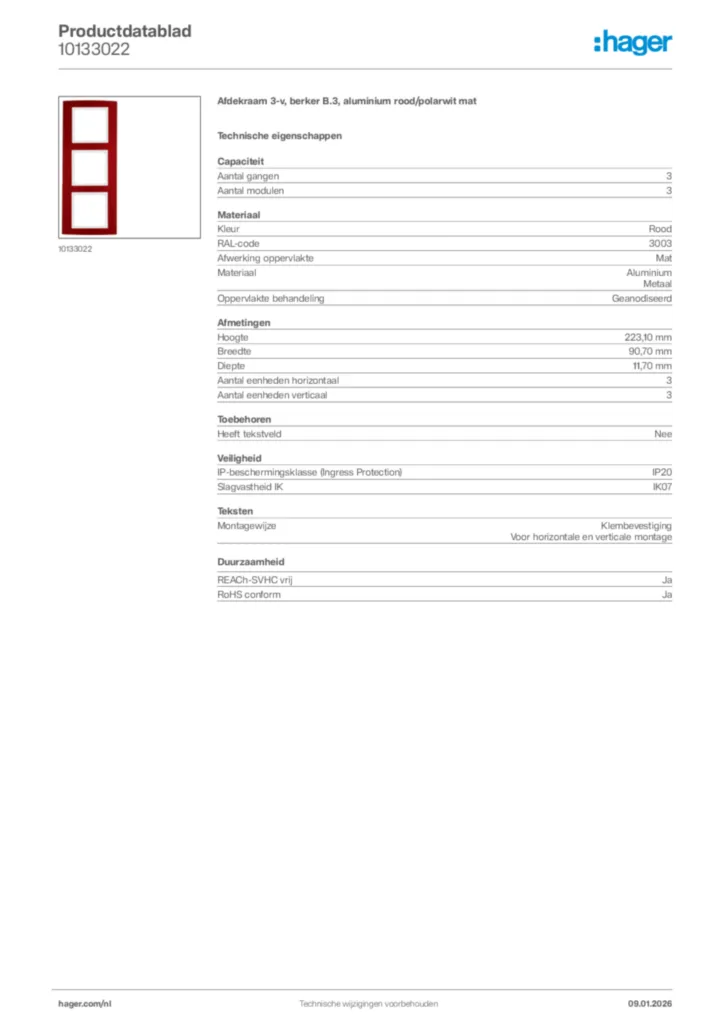 Afbeelding Hager Productdatablad 10133022 | Hager Nederland