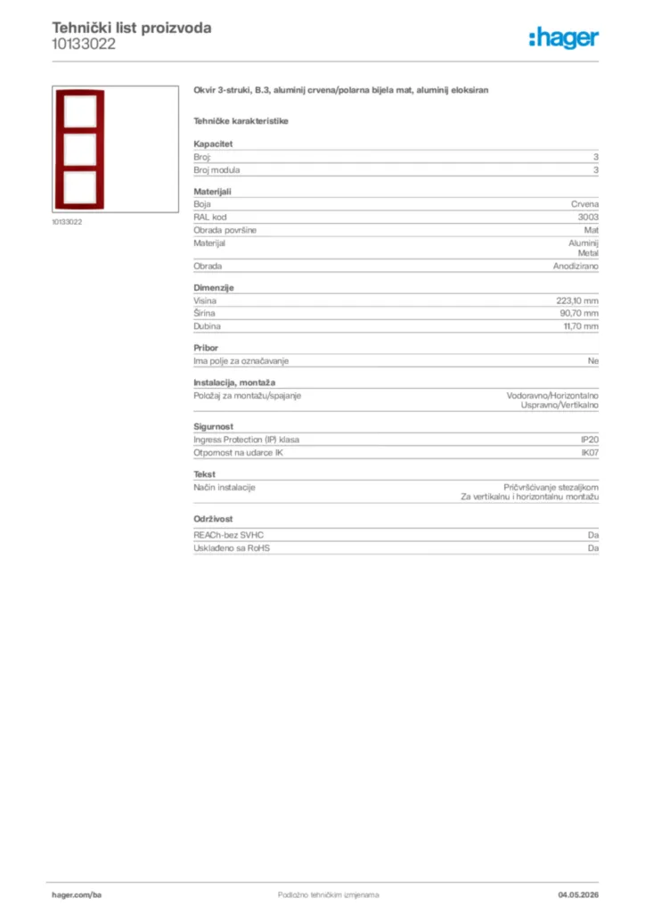 Slika Hager Tehnički list proizvoda 10133022  | Hager