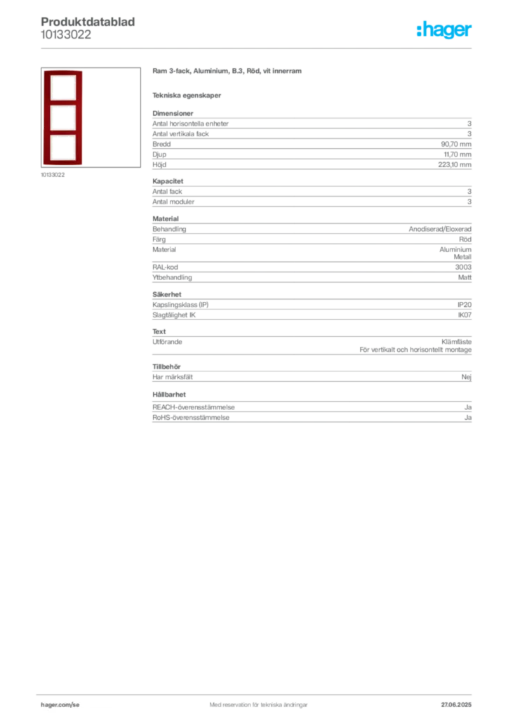 Bild Hager Produktdatablad 10133022 | Hager Sverige