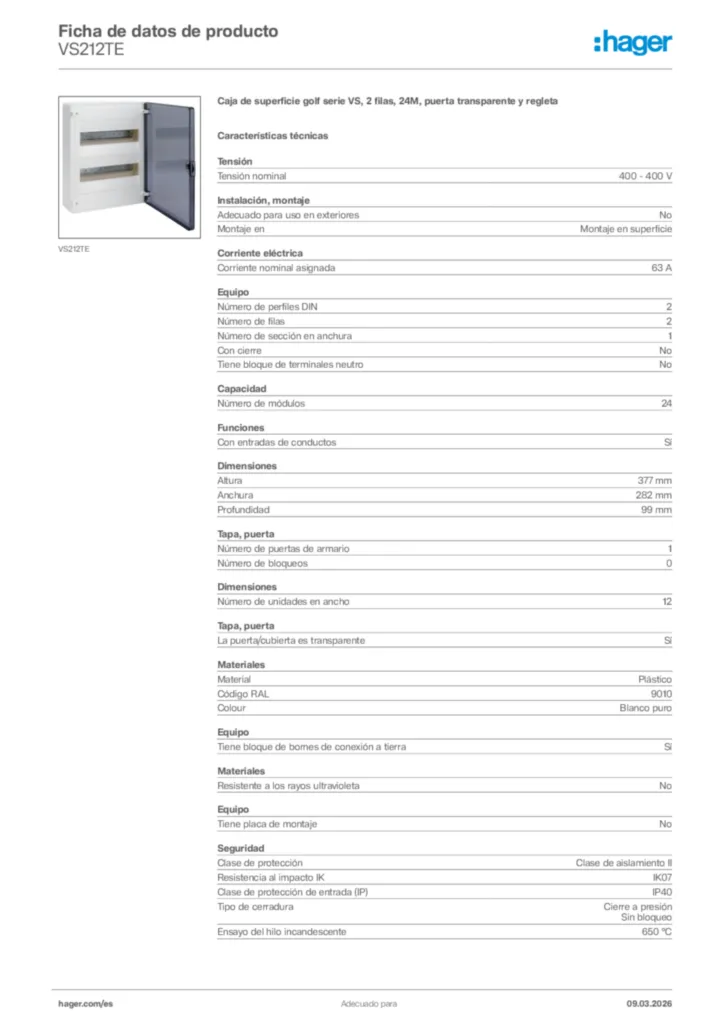 Imagen Hager Ficha de datos de producto VS212TE | Hager España