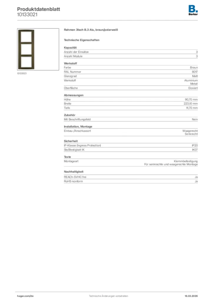 Bild Berker Produktdatenblatt 10133021 | Hager Deutschland