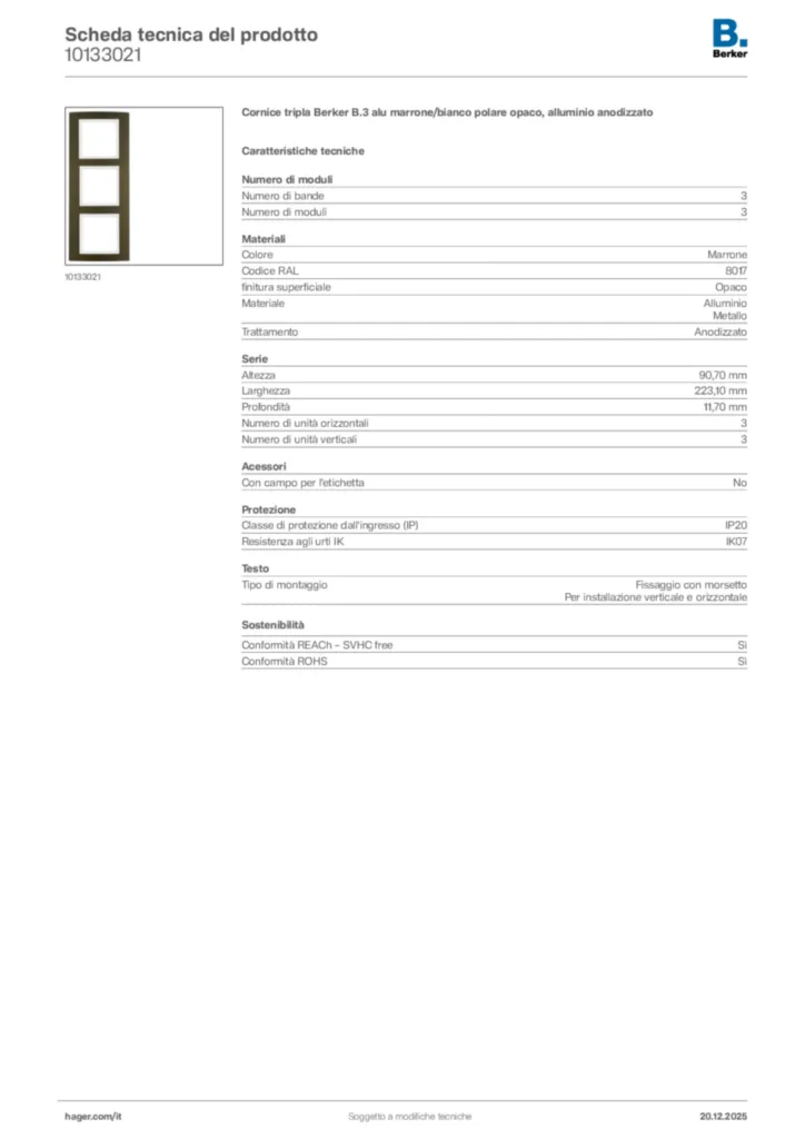 Immagine Berker Scheda tecnica del prodotto 10133021 | Hager Italia