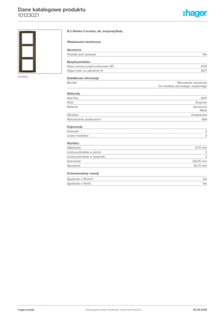 Zdjęcie Hager Karta katalogowa 10133021 | Hager Polska