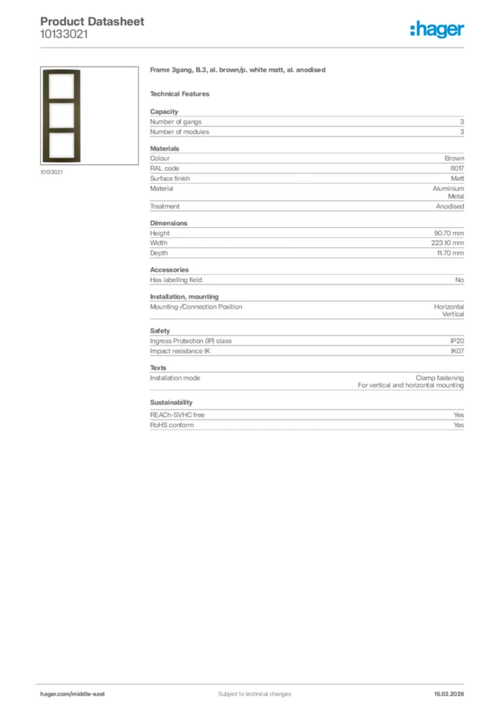 Image Hager Product data sheet 10133021  | Hager