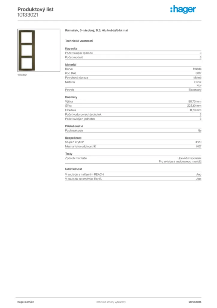 Obrázek Hager Produktový list 10133021 | Hager