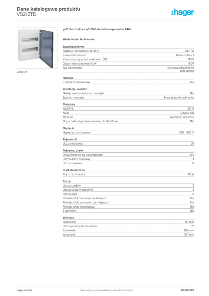 Zdjęcie Hager Karta katalogowa VS212TD | Hager Polska
