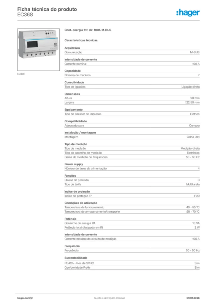 Imagem Hager Ficha técnica do produto EC368 | Hager Portugal
