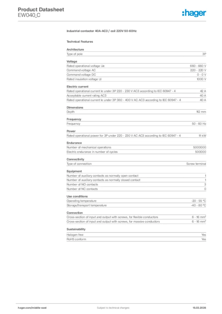 Image Hager Product data sheet EW040_C  | Hager