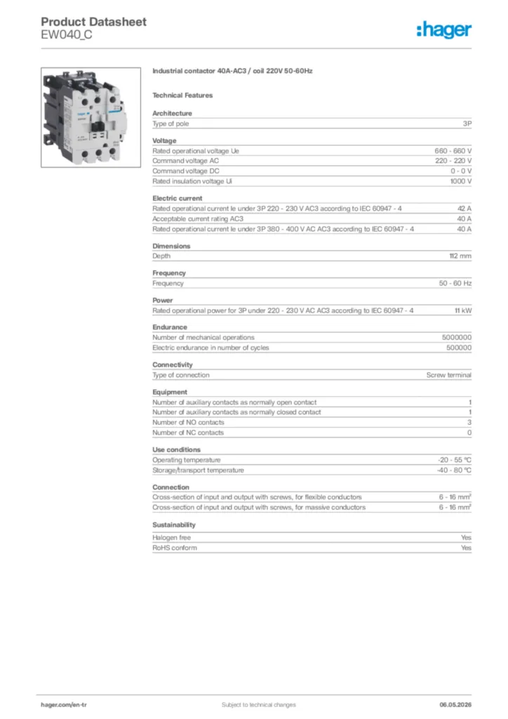 Image Hager Product data sheet EW040_C  | Hager