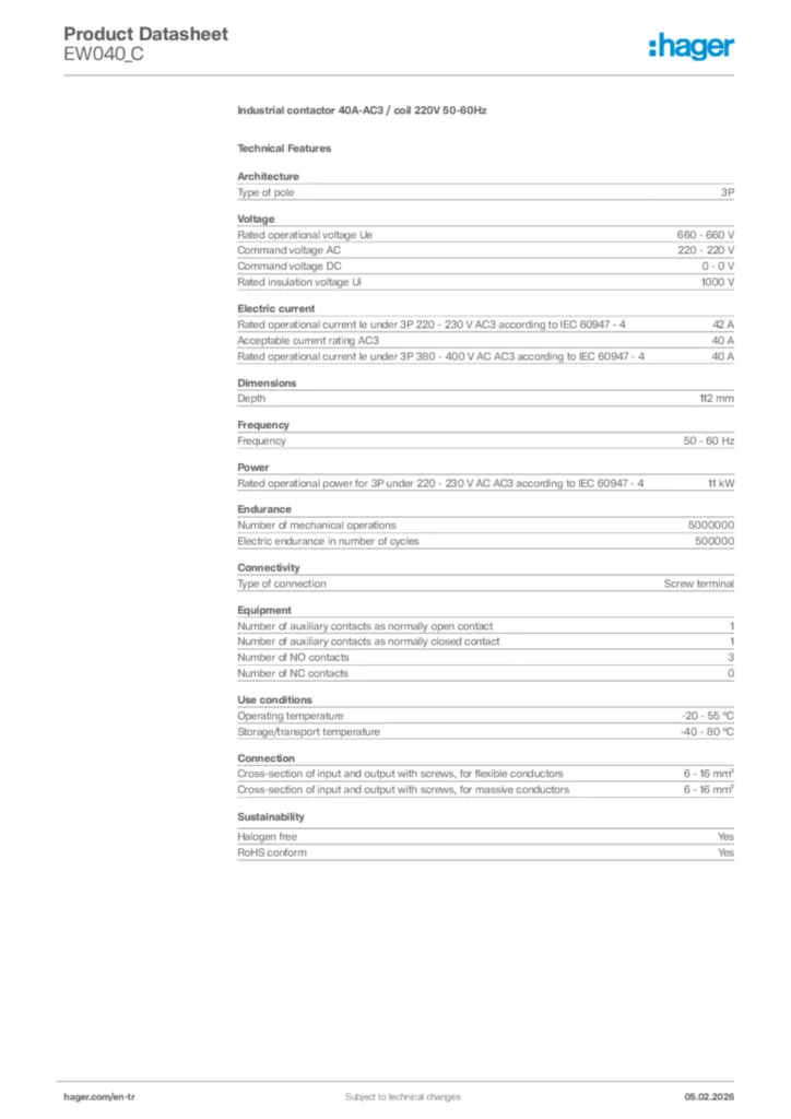Image Hager Product data sheet EW040_C  | Hager
