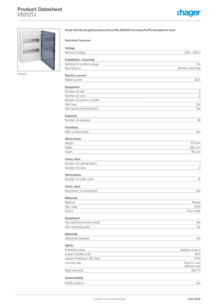 Image Hager Product data sheet VS212TJ  | Hager Africa