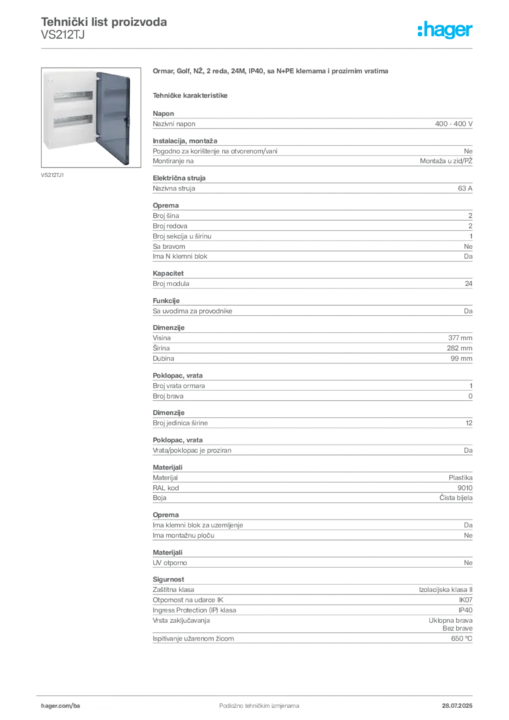 Slika Hager Product data sheet VS212TJ  | Hager