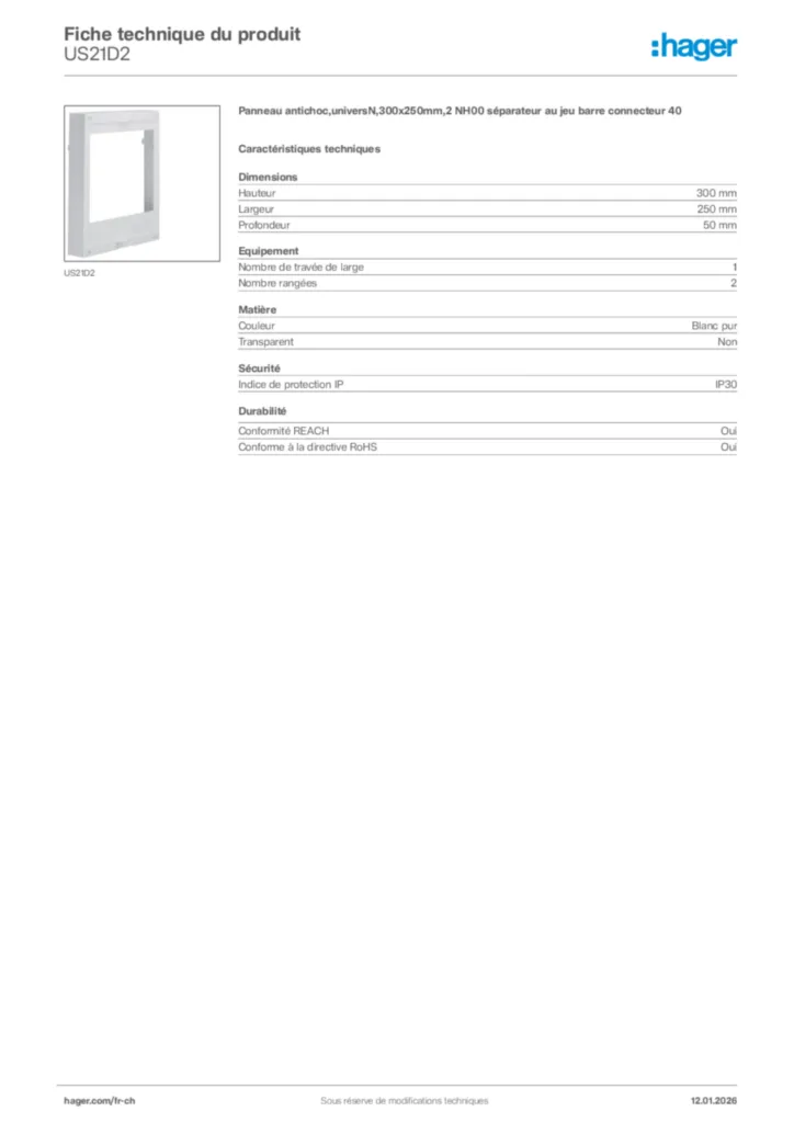 Image Hager Fiche technique du produit US21D2 | Hager Suisse