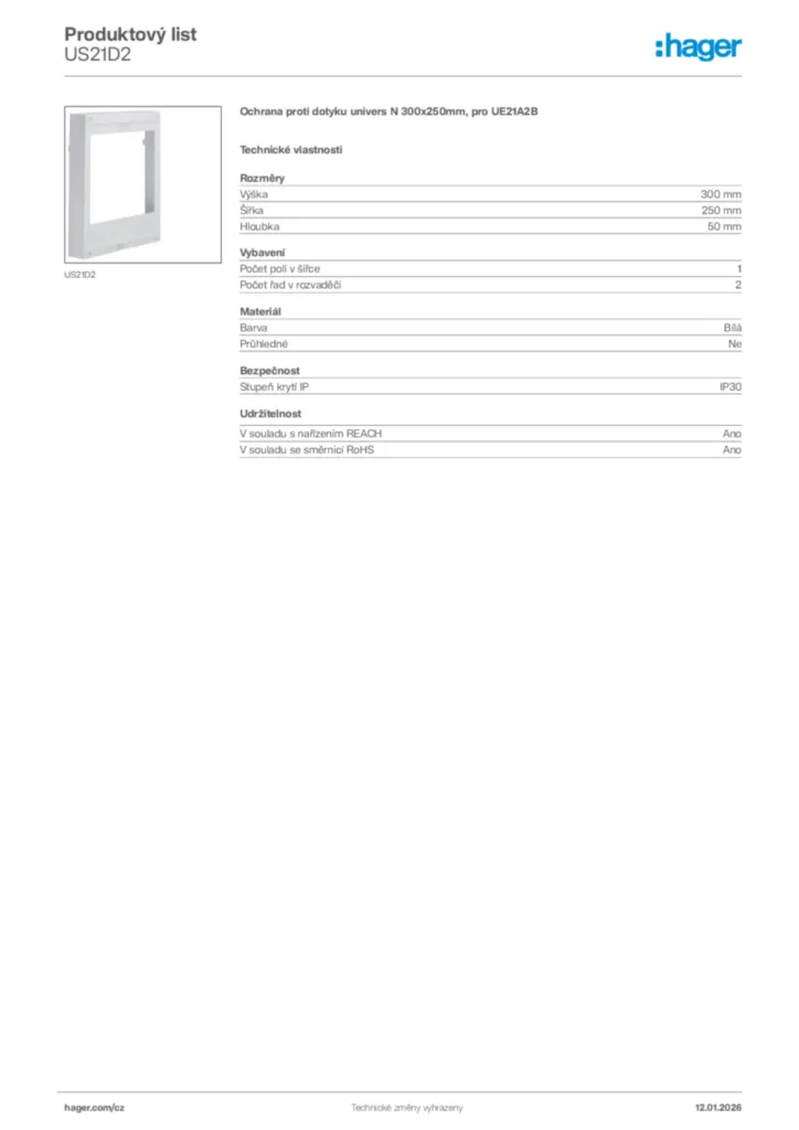 Obrázek Hager Product data sheet US21D2 | Hager