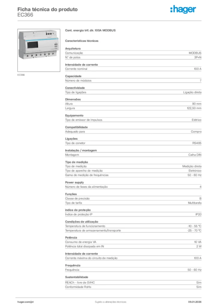 Imagem Hager Ficha técnica do produto EC366 | Hager Portugal